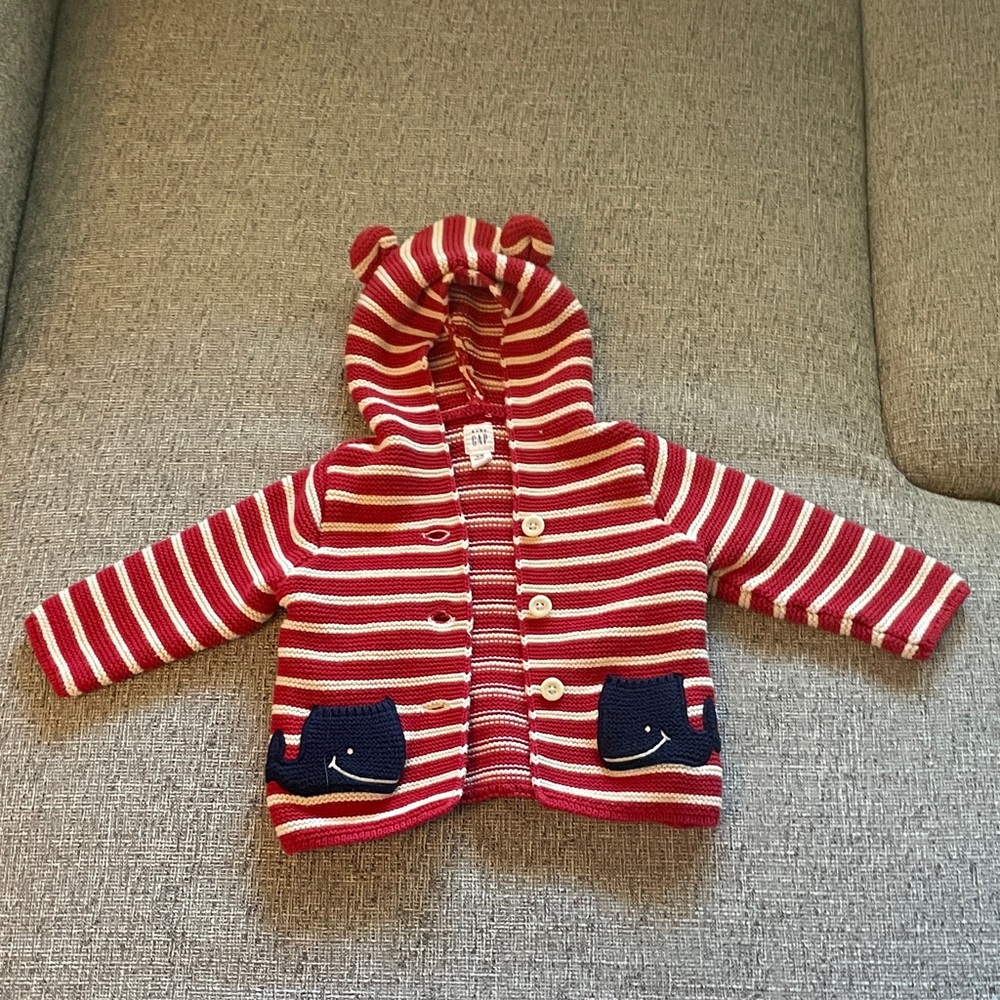 Baby Gap Stripe Red and White Baby Hoodie with Whale Pockets